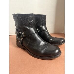 FRYE PHILLIP BLACK Leather Harness Back Zip Short Boots Sz 6.5 B Biker Boho Chic